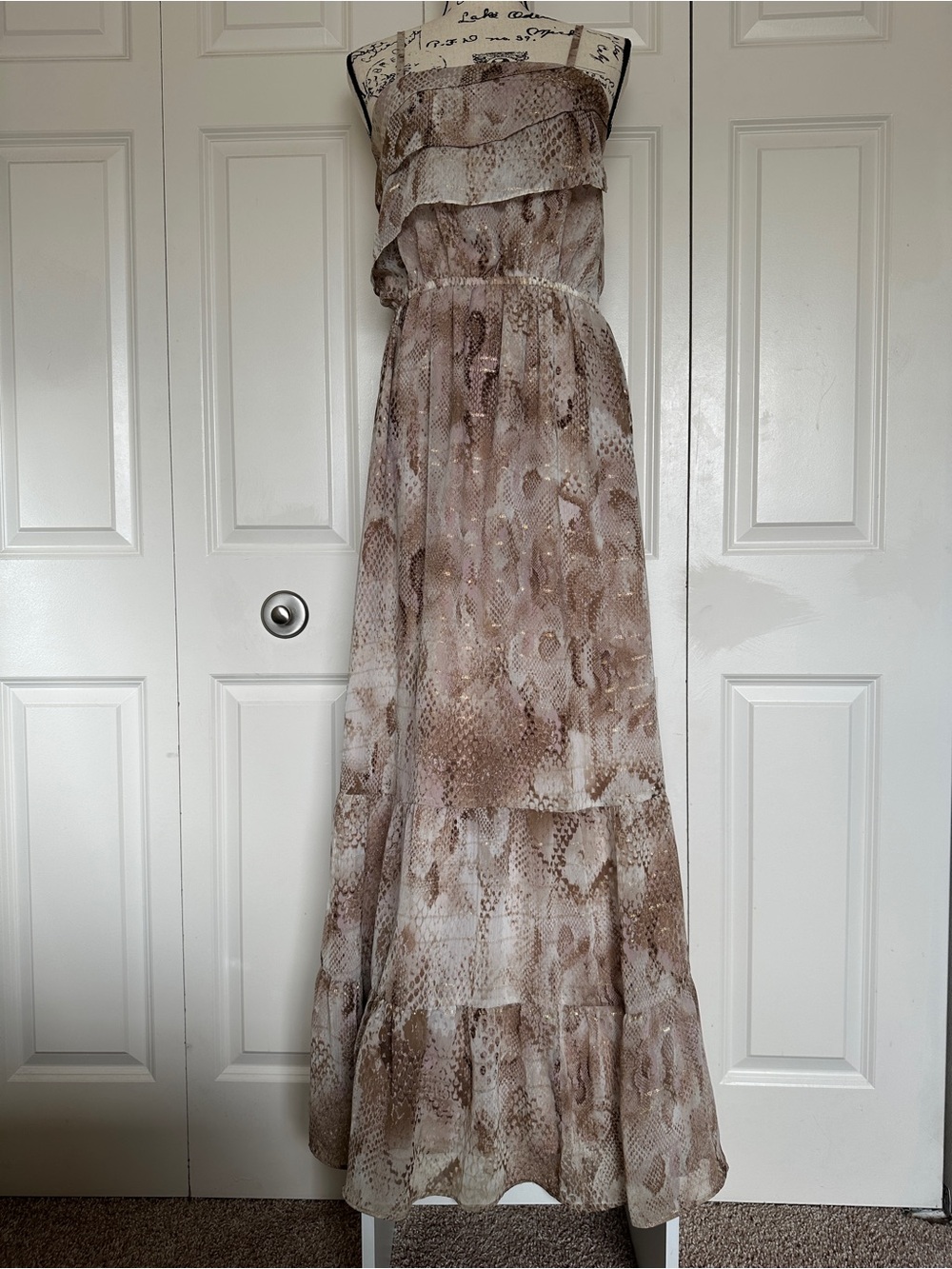 Express Beige Brown Snake Print Chiffon Maxi Dress Ruffle Tiered Elastic M